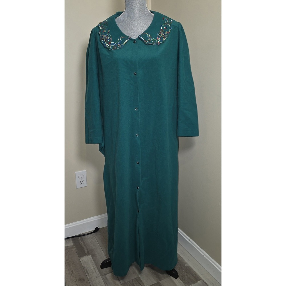 Vintage Romans Teal‎ Button Front House Dress Duster Embroidered Collar XL